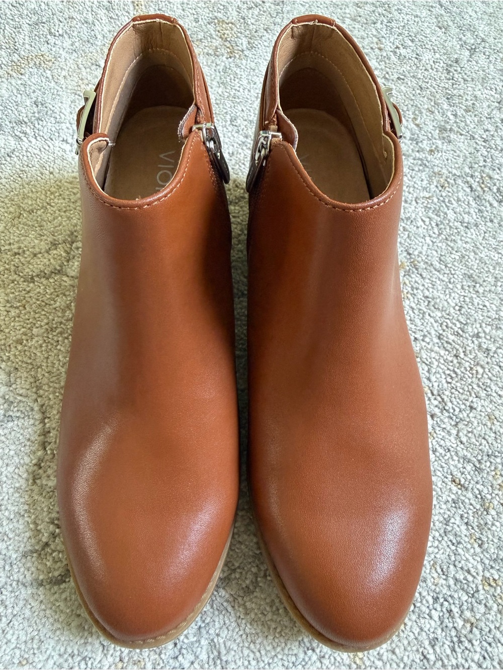 New Vionic Cognac Brown Leather Ankle Booties with Buckle
